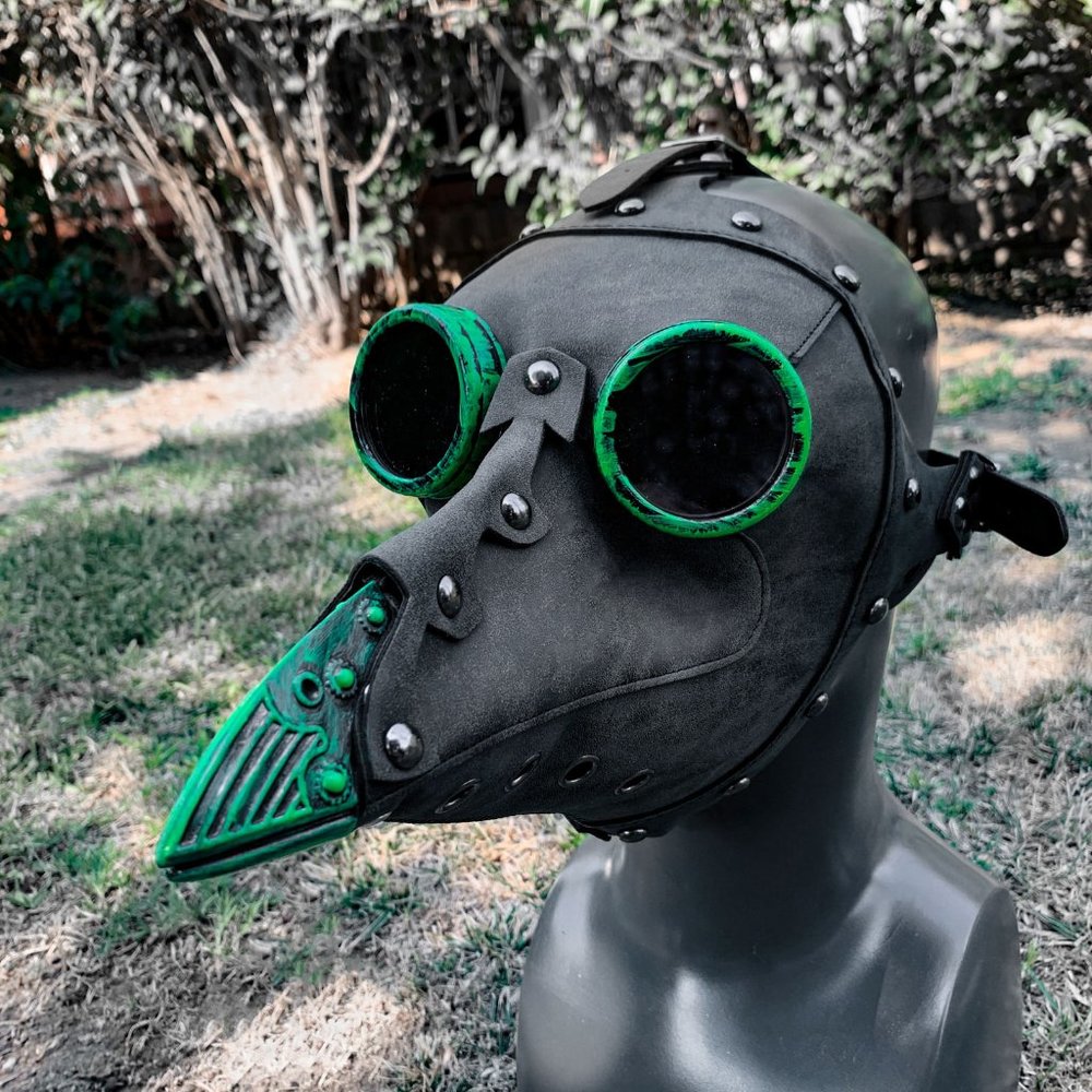Grey Leather Plague Doctor with Green Goggles Masquerade Venetian Party Mask